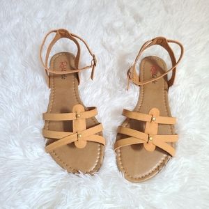 Red Circle cognac ankle strap sandal huarache flat